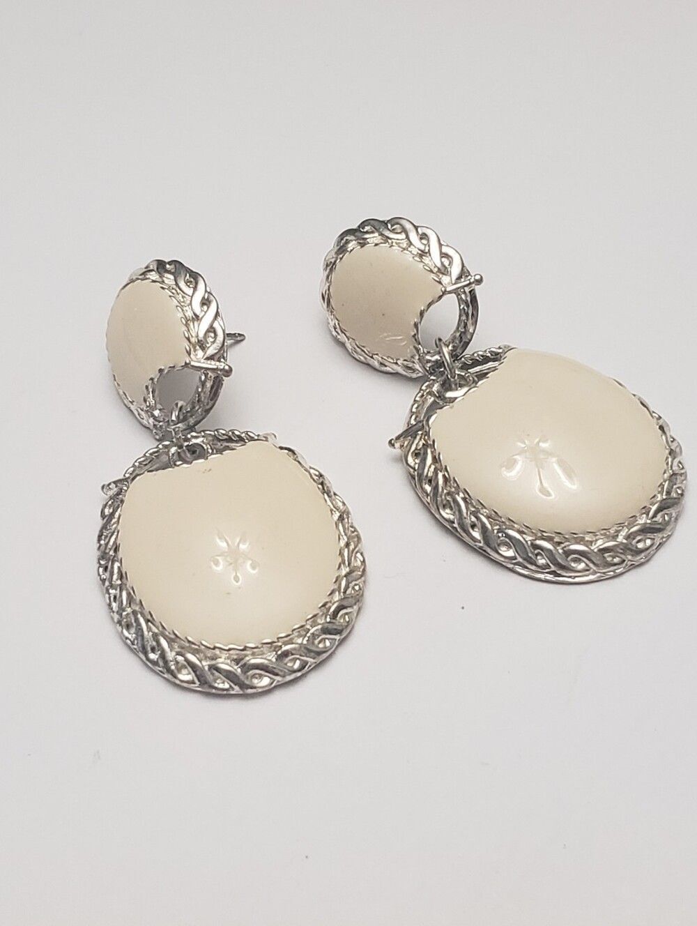 Vintage EDGAR BEREBI Enameled Dangle Pierced Earrings Cream & Silver